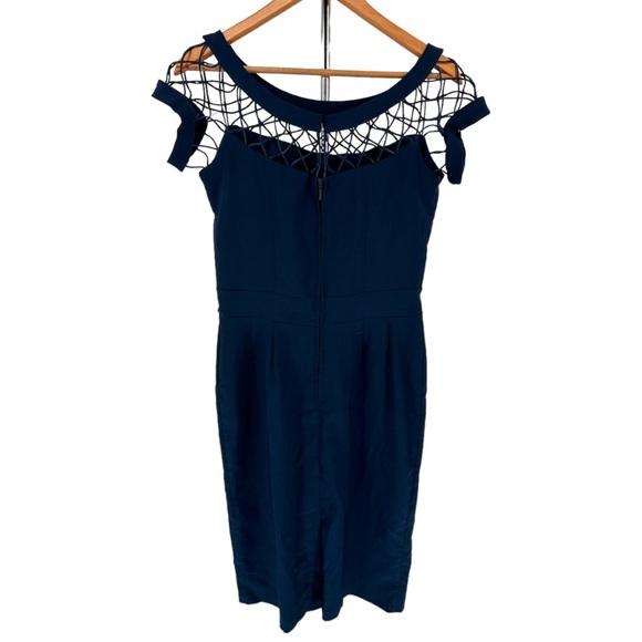 Tatyana Alina Pencil Dress in Navy Bow size Large Short Sleeve Fishnet Neckline - Picture 8 of 13
